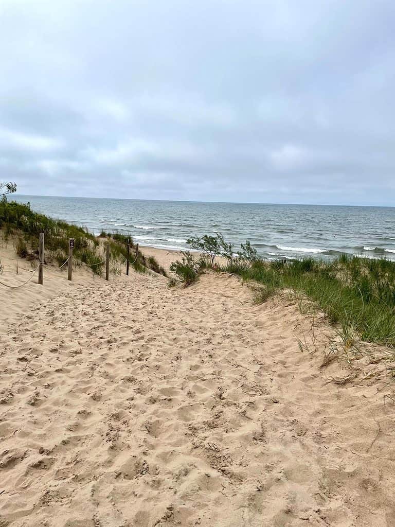 A dense sandy beach with grass growing out of it meets the shores of Lake Michigan at Indiana Sand Dunes National Park