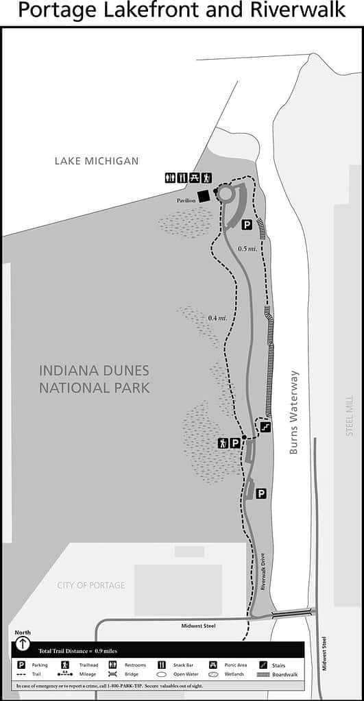 A gray and white map showing the Portage Lakefront and Riverwalk trail, parking areas and accessible routes.