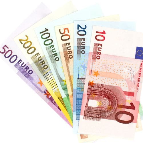 six euro bills are fanned out.  They are in the denominations of 10, 20, 50, 100, 200, and 500 bills