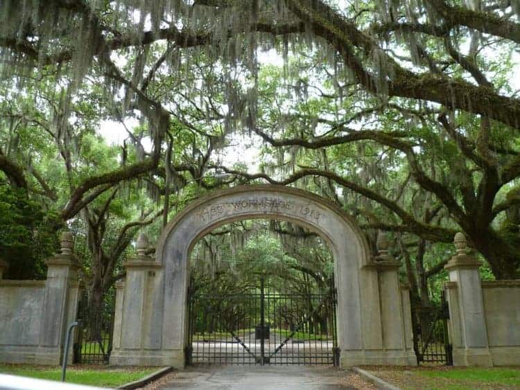 a stone arch holds closed iron gates and is framed by oak tree branches. A gravel road lies beyond the gate.