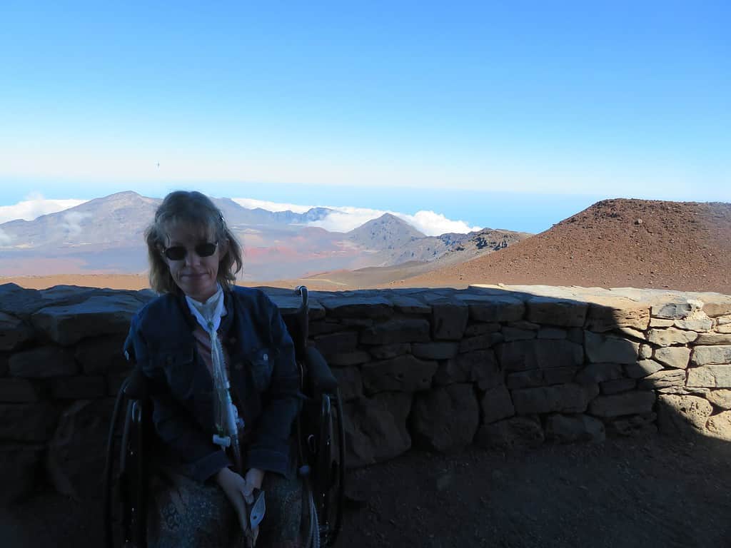 I'm sitting in a wheelchair in front of a stone wall that is in front of the Haleakala Crater as seen from the summit of the park.