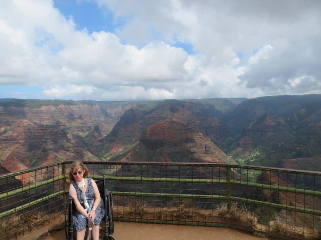 A woman in a wheelchair is wearing a navy sundress with white flowers on it and is sitting in front of a large colorful canyon on Kauai.