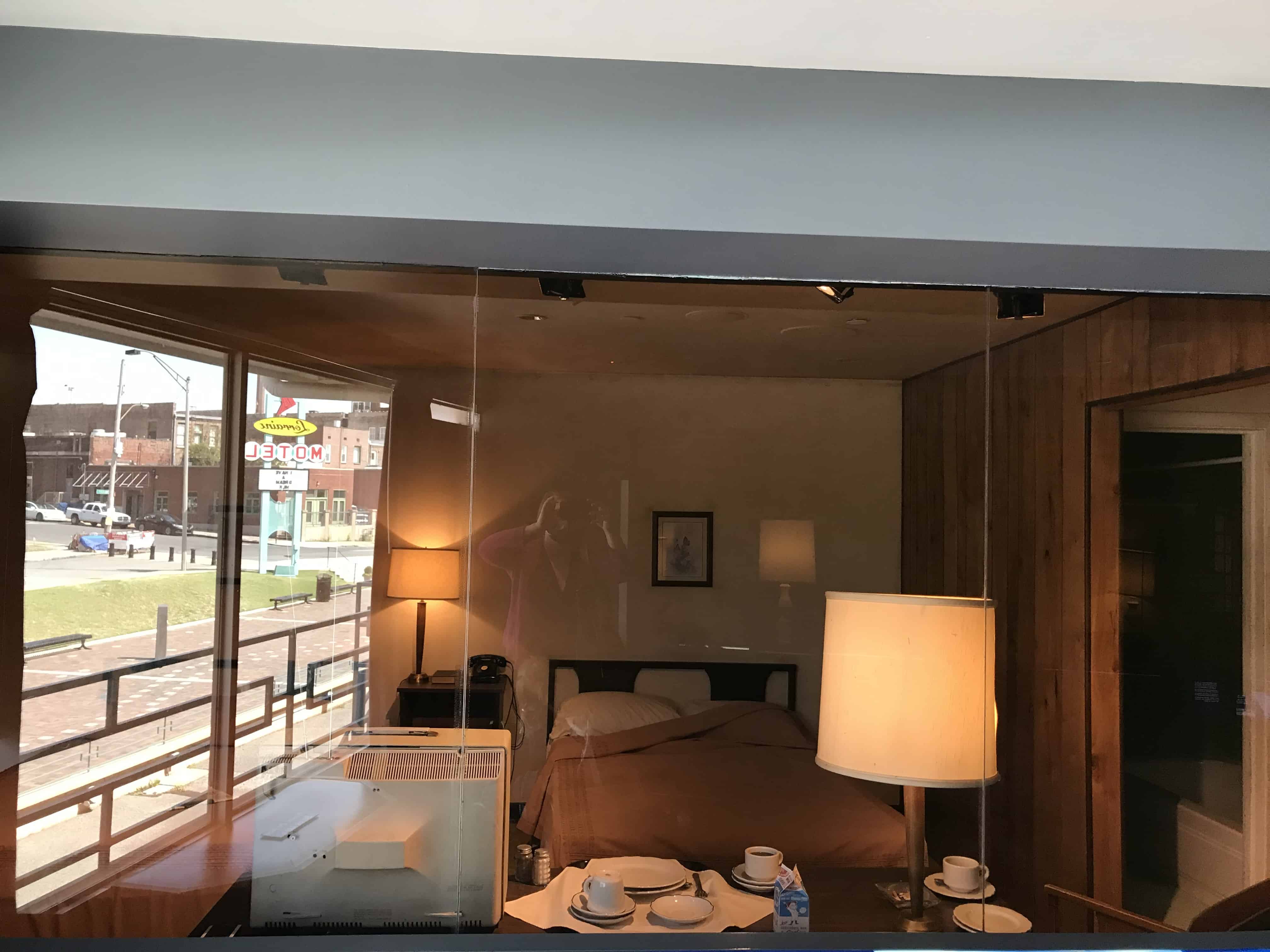 The interior of a hotel room at the Lorraine Motel as it would've looked in the 1960's