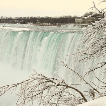 Niagara Falls in the winter still flows water.  A tree with leafless branches is on the right