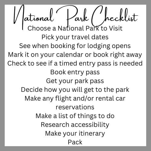 a white background with a brown border and brown letters over the background is a national park planning checklist