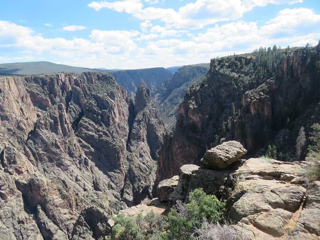 Looking down the Black Canyon of the Gunnison in Colorado. The Colorado river winds its way through the bottom of the canyon