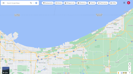 A map of the shore line of Lake Michigan from the state of Indiana, depicting Indiana Sand Dunes National Park