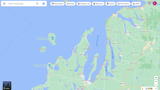 a google maps image of the location of Sleeping Bear Dunes National Lakeshore in relation to Traverse City, Michigan