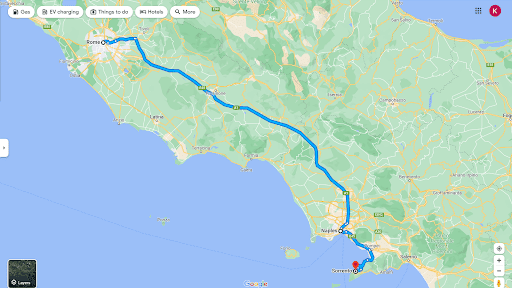 a map of Itay showing the route between Rome, Naples and Sorrento as part of the Rome and Amalfi Coast itinerary