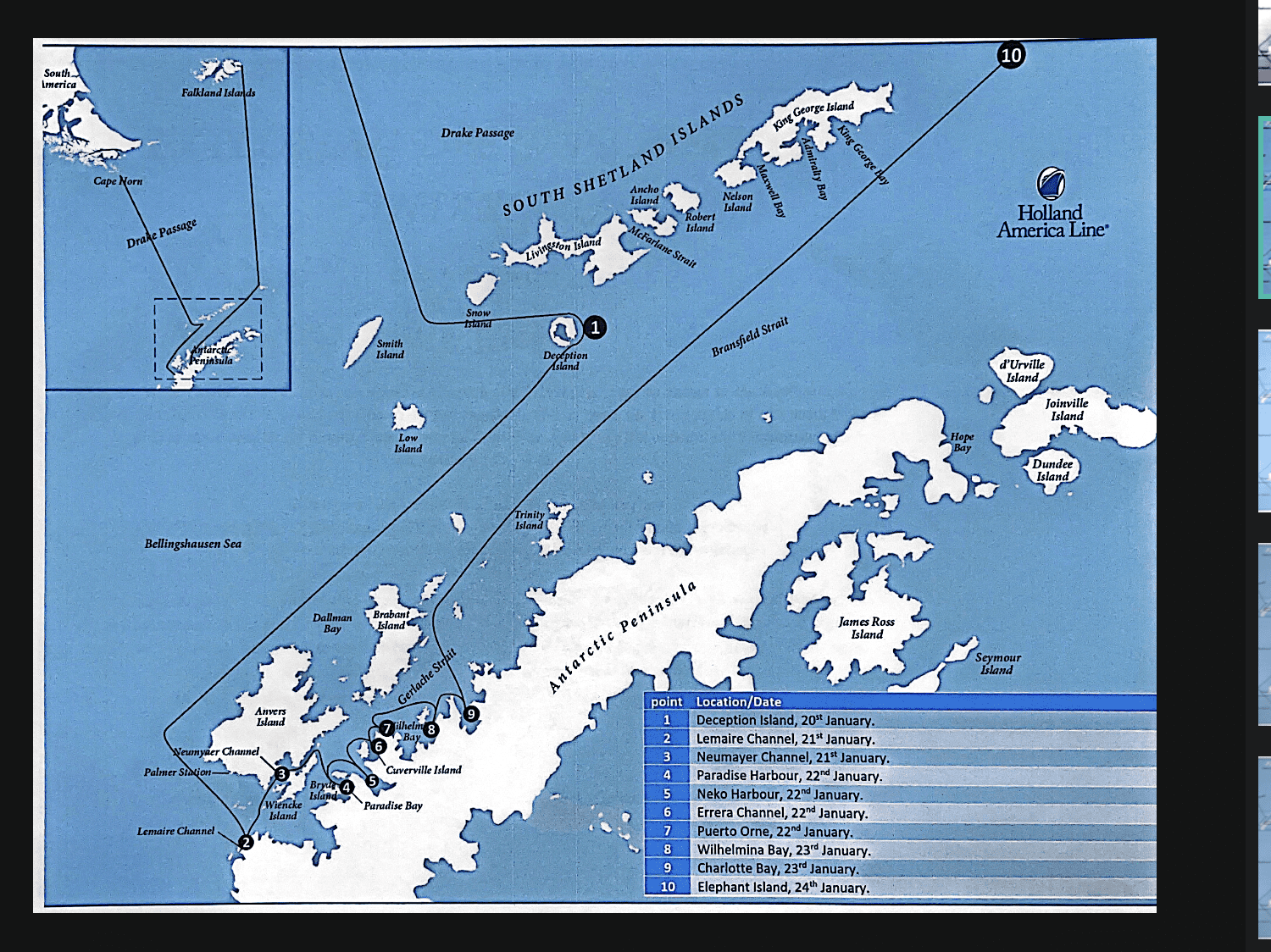 A blue map with white land masses show the Antarctic Peninsula and where the Oosterdam traveled during its voyage to Antarctica