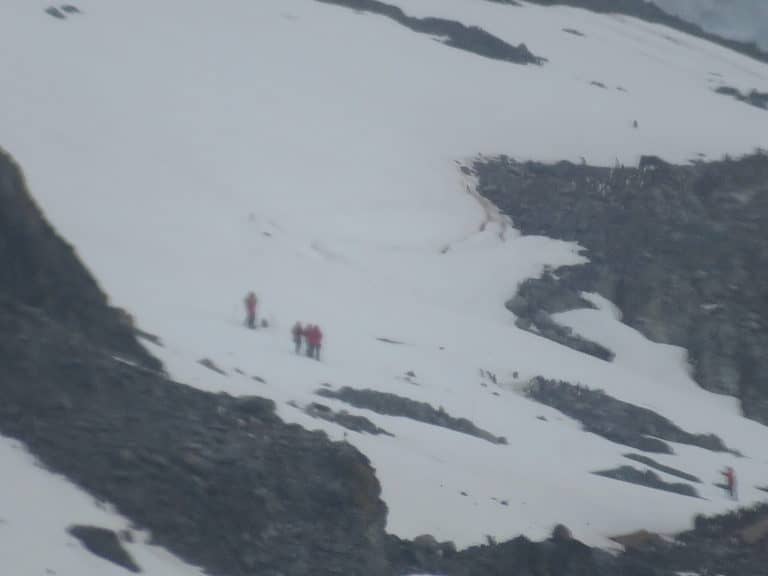 Three people in red jackets stand on a steep snowy slope on an island in Antarctica