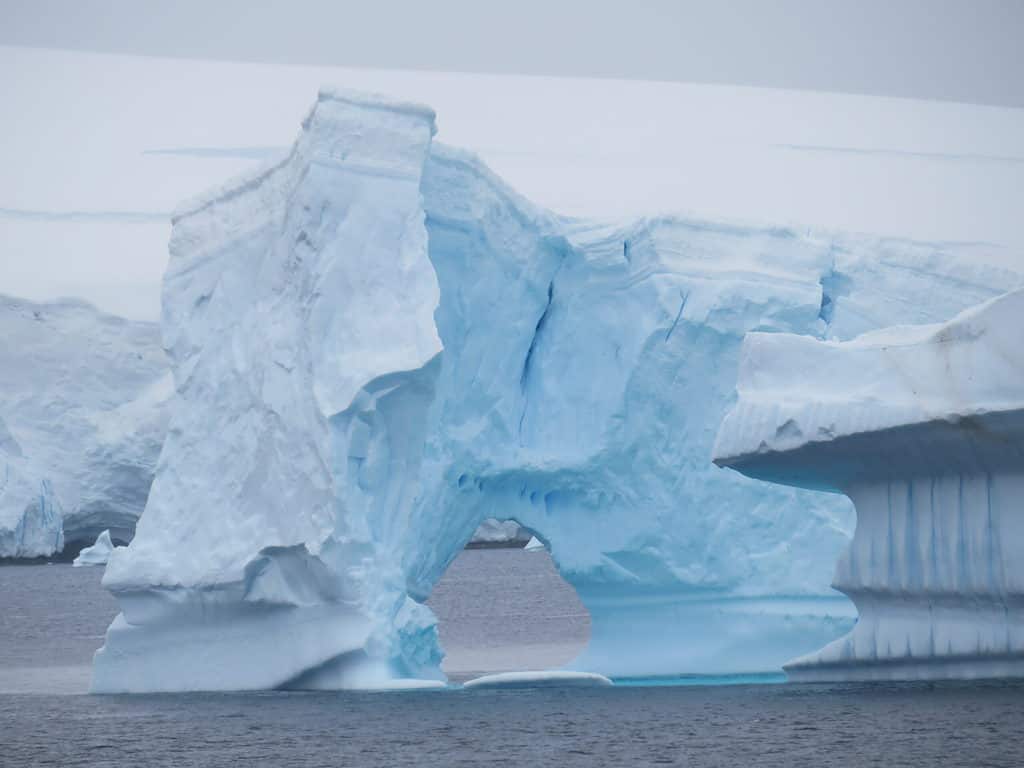 A large iceberg that has an arched opening in the bottom center floats in the water in Antarctica