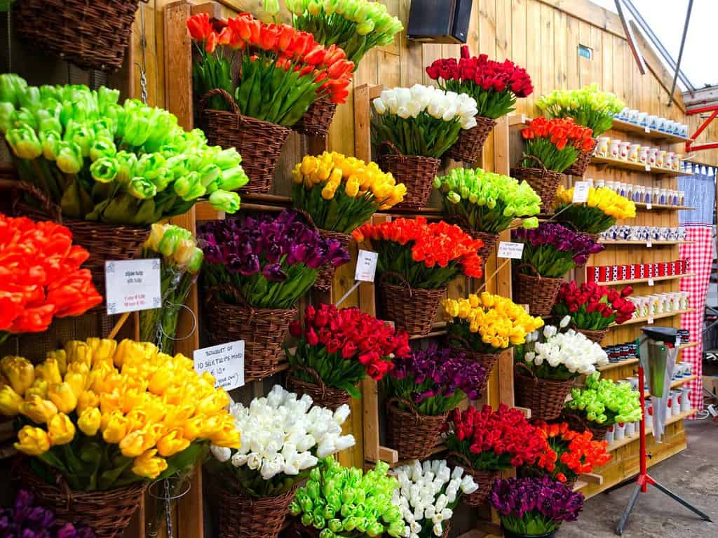 brightly colored tulips hang in baskets along a wooden wall in a flower market