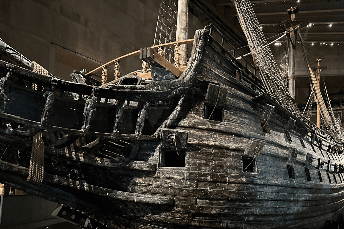 A large wooden ship inside the Vasa Museum in Sweden