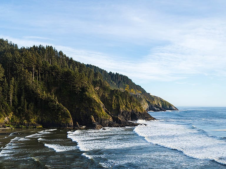 A rocky coastline covered with green pine trees meets the ocean in Oregon.