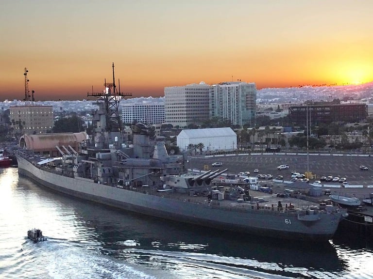 The Battleship IOWA docked in LA at sunset.