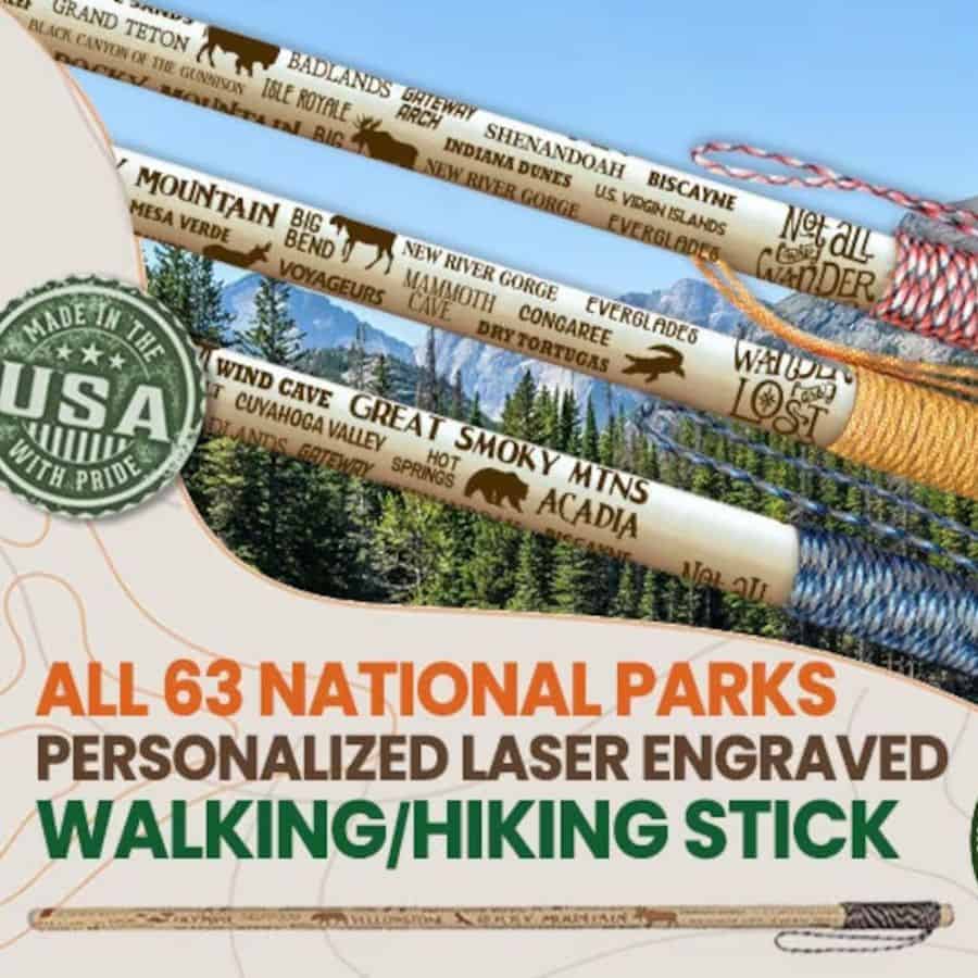 Three wooden hiking sticks are engraved with the names of the 63 national parks and make a wonderful gift for hikers.