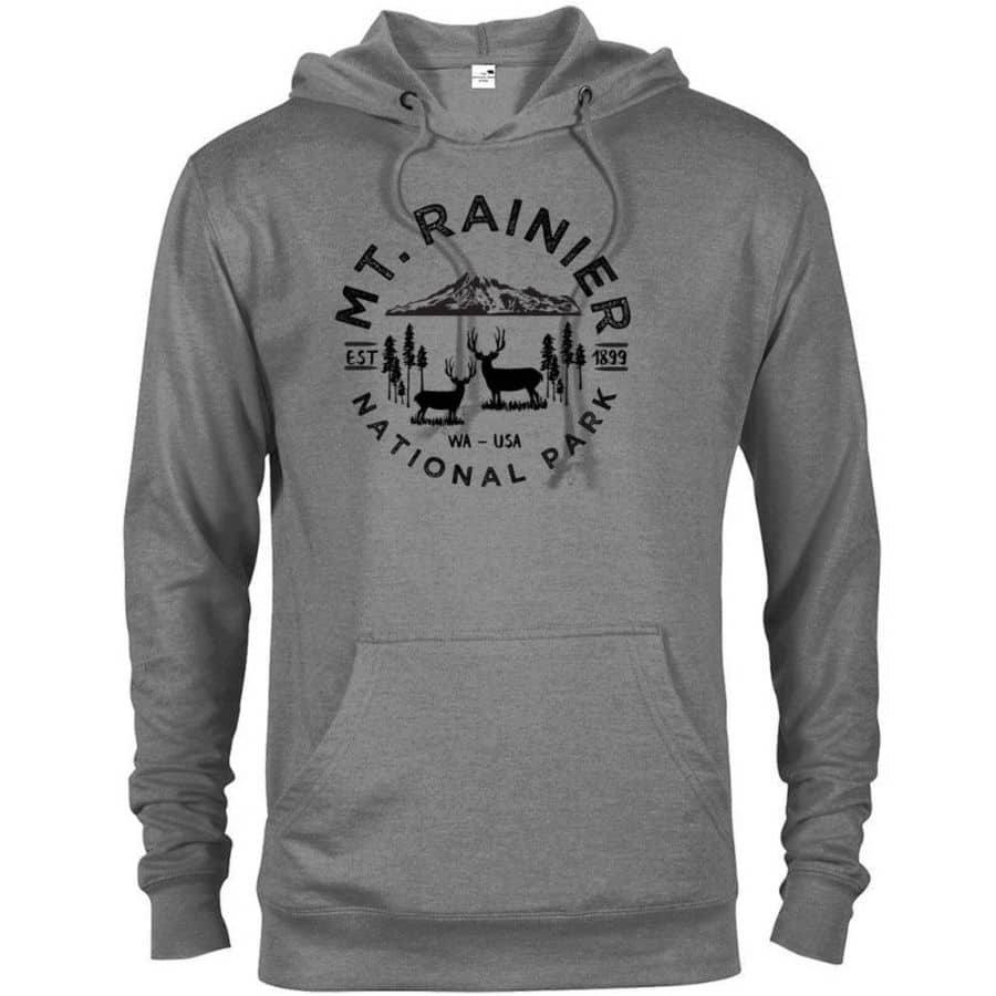 A grey hooded sweatshirt has black lettering and graphic of Mt Ranier national park