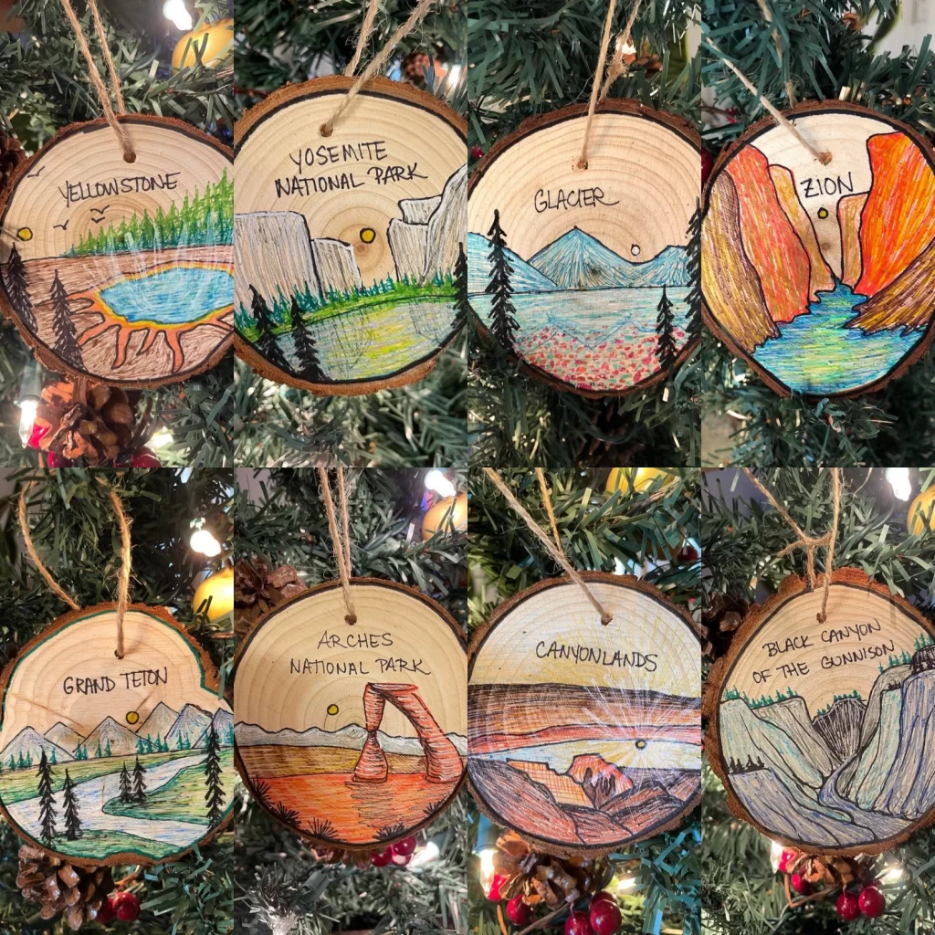 On a pine tree hangs 8 coloful wooden ornaments depictive various national parks