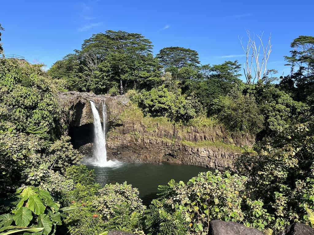 Rainbow falls is a waterfall that cascades over a rocky ledge on the Big Island of Hawaii.