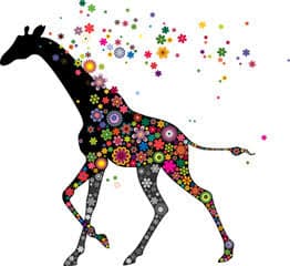 A black giraffe is on a white background with colorful floral designs on it's body and behind.