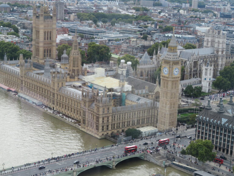 The Elizabeth Tower/Big Ben, the parliament building, and Westminster Abbey as seen from the in the air on the London Eye.