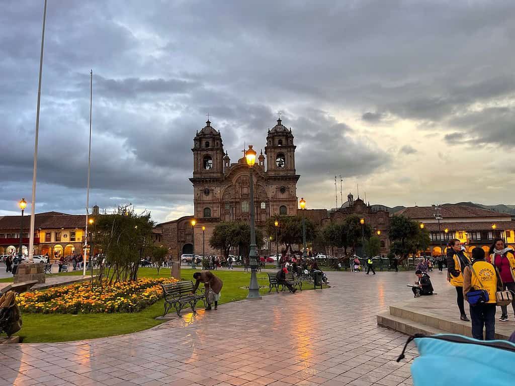 In Plaza de Arms in Cusco (the Main Square) stands a Spanish style Cathedral with two large towers.  Cusco is a destination on this 8 day Peru itinerary.