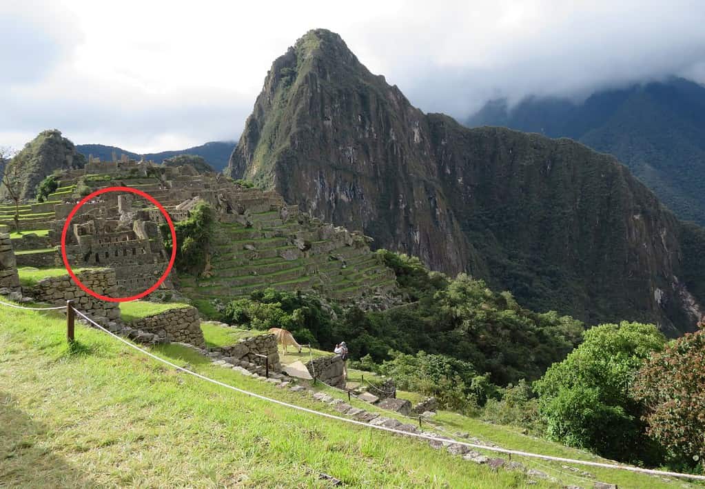 The view from an overlook which shows Machu Picchu, an ancient Incan site in Peru.  There is a red circle on the left side of the photograph showing the building I was able to reach 