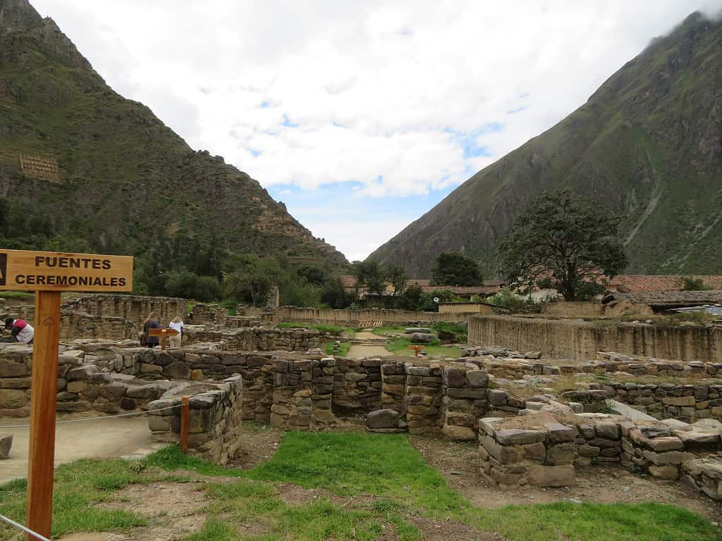 At the base of two mountains is the Incan ruins of Ollantaytambo.  The rocky remains show foundations of where buildings once stood.  Many people add this site to their 8 day Peru itinerary;.