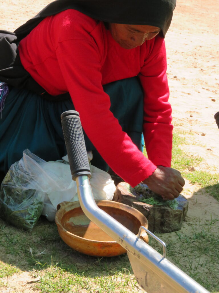 A Peruvian woman whears a black head covering, a pink long sleeved shirt and a black skirt.  She demonstrates how smashing a leaf on a flat stone and making a paste from it can be used to cleanse wool.